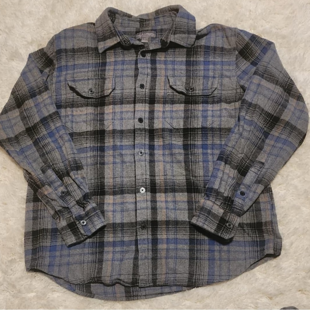 Falls Creek Men’s Size Large Heavy Black/Gray Button Down Flannel Shirt EUC